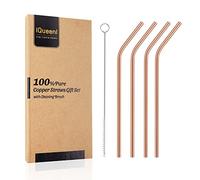 Bent Copper Straws, Reusable Pure Copper Drinking Set - 8.5-Inch Long, Food Safe Handcrafts With Cleaning Brush, Set of 4