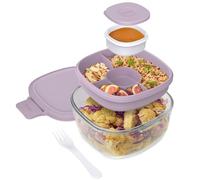 Bentgo Glass All-in-One Salad Container - Large 61-oz Salad Bowl with Lid, 4-Compartment Bento-Style Tray, 3-oz Sauce Container, and Reusable Fork - Dishwasher, Microwave, and Oven Safe (Lavender)