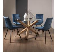 Bentley Designs Turin Glass 4 Seater Dining Table Light Oak Legs with 4 Fontana Blue Velvet Chairs