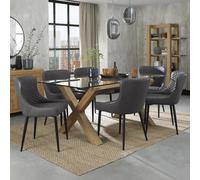 Bentley Designs Turin Glass 6 Seater Dining Table Light Oak Legs with 6 Cezanne Dark Grey Faux Leather Chairs - Black Legs