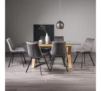 Bentley Designs Turin Glass 6 Seater Dining Table Light Oak Legs with 6 Fontana Grey Velvet Chairs