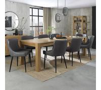 Bentley Designs Turin Light Oak 6-10 Seater Extending Dining Table with 8 Cezanne Dark Grey Faux Leather Chairs - Black Legs