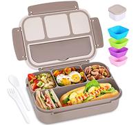 Bento Box Adult Lunch Box, Containers for Adults Men Women with 4 Compartments, Lunchable Food Container with Utensils, Sauce Jar, Muffin Liners, 40 Oz/5 Cup, Microwave & Dishwasher Safe, Brown