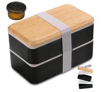 Bento Box Lunch Boxes for Adults, Stackable Leak-Proof Lunch Container | With Compartments, 1400ML Japanese Style Lunchbox with Sauce Pot & Cutlery Set, Microwaveable & Dishwasher Safe (Black)