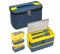 Bento Lunch Box Bento Lunch Box 2 Layer Compartment Lunch Box with Insulated Lunch Bag 1400ML Microwave Safe Meal Container Box for Office School Blue