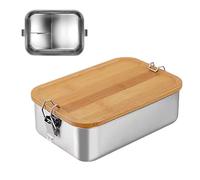 Bento Lunch Box for Adults/Children, Stainless Steel Lunch Box with 2 Compartments/3 Compartments, Metal Tin with Wooden Lid, BPA-Free Metal Lunch Box, Breakfast Box for School/Excursions (1500 ml, 3
