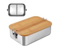 Bento Lunch Box for Adults/Children, Stainless Steel Lunch Box with 2 Compartments/3 Compartments, Metal Tin with Wooden Lid, BPA-Free Metal Lunch Box, Breakfast Box for School/Excursions (1500 ml, 2