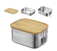 Bento Lunch Box for Adults / Children, Stainless Steel Lunch Box with 2 Compartments, Metal Tin with Wooden Lid, BPA-Free Metal Lunch Box, Breakfast Box for School/Excursions (Double Decker) (no