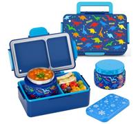 Bento Lunch Box for Kids-3 Compartment Leak Proof Insulated Lunch Container | Dinosaur Design Lunch Box-With 12oz Stainless Steel Food Soup Jar & Built-in Ice Pack Bento Box for Boys Girls School Travel