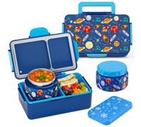 Bento Lunch Box for Kids-3 Compartment Leak Proof Insulated Lunch Container | Universe Design Lunch Box-With 12oz Stainless Steel Food Soup Jar & Built-in Ice Pack Bento Box for Boys Girls School Travel