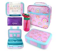 Bento Lunch Box with Insulated Bag, Water Bottle & Ice Pack Set for Kids Toddlers, 4 Portion Sections, Removable Tray, Pre-School Girl Kid Toddler Daycare Lunches, Snack Container, Purple Rainbow