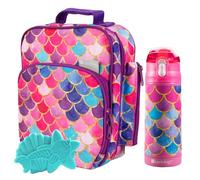 Bentology Kids Lunch Bag Set w Matching Reusable Water Bottle & Hard Ice Pack- Pink Purple Mermaid- Insulated Tote, Stainless Steel Insulated Thermos, Hard Ice Pack- Back to School Lunchbox Kits