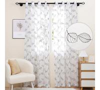 Bentrilisa White Sheer Curtains Vintage Black Embroidered Leaf Pattern Window Curtain Panel for Living Room Semi Sheer Voile Window Curtains Grommet Top, 2 Panels, 52 x 63 Inch