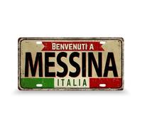 "Benvenuti A Italia" License Plate Ting Sign • Italian Cities Decorative Signage Wall Art • Italy Euro Road Trip Souvenir Metal Print • 11.8" x 5.9" (30cm x 15cm) (10 Messina)