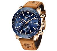 BENYAR Men's Watch Quartz Sports Chronograph Fashion Business Luxury Brand Waterproof Watch Analog Date Men's Brown Leather Watch for Men (Brown Gold Blue)