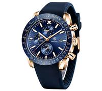Benyar Men's Quartz Sports Chronograph Fashion Business Luxury Brand Waterproof Watch Analog Date Brown Leather for Men (Rubber Gold Blue)