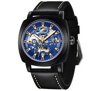 Benyar Men's Watch Automatic Mechanical Watch Leather Strap Golden Movement 45 mm Skeleton Dial Water and Scratch Resistant Elegant Gift for Men