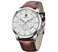 BENYAR Mens Watches Quartz Chronograph Business Brand Waterproof Wristwatches Fashion Brown Leather Watches for Men (Leather Silver White)