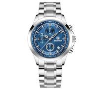 Benyar Watches Men's Analogue Quartz Chronograph Men's Watches 50 m Waterproof Luminous Date Watch Casual Business Watches Classic Elegant Gifts for Men, Silver Blue, Bracelet