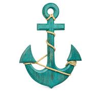 Benzara Nagina International Antique Green Pine Wood Anchor with Rope Nautical Decor, 18" H/12 W, Aqua Green