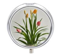 Benzoar Plants Metal Pill Organizer, 3 Compartment Waterproof Pill Case with Mirror for Purse Pocket Bag, Daily Medicine Vitamin Holder, Portable Travel Med Container(Round)