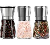 BEOIUCZZY 3-Piece Stainless Steel & Glass Seasoning Mills Set, Manual Spice Grinders with Adjustable Grinder, Salt Mill, Pepper Mills - Without Spice Content