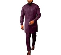 Beokeuioe African Suits for Men Dashiki Kaftan and Trousers Black Traditional Outfits Festive Clothing Ramadan Africa Abaya Trousers 2-Piece Sets Long Sleeve Thobe, A006 Purple, L