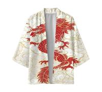 Beokeuioe Cardiqan Bathrobe Dressing Gown Men's Japanese Kimono Robe Haori Jacket Three-Quarter Sleeves with Loose Yin Yang and Dragon Print Unisex Loose Blouse Summer Top, beige, S