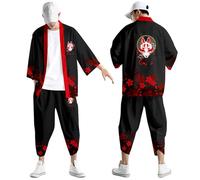 Beokeuioe Chinese Style Cardigan Japanese Kimono Jacket Set for Men, Stylish Open Front Coat with Shorts Yukata Kimono Ninja Robe Traditional Samurai Uniform, Red (watermelon red), 3XL
