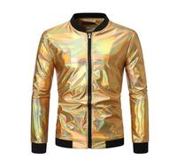 Beokeuioe College Baseball Bomber Jacket Men's Metallic Jacket Nightclub Blouson Jacket Zip Sequin Jacket Shiny Cardigan Coat Clubwear 70s Disco Carnival Costume, A Gold, L