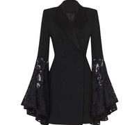 Beokeuioe Design Blazer Long Women's Blazer Dresses Flared Sleeves Women's Jacket Elegant Suit Jacket Gothic Evening Dress Lace Blazer Party Stage Shiny Festive Long Blazer, A Black, L