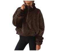 Beokeuioe Fleece Pullover Long Sleeve Women's Sweatshirts with 1/4 Zip Collar Hoodies Without Hood Cropped Fleece Lining Jumper Teddy Fleece Sweat Jacket Short Hoodie, A coffee, S