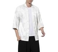 Beokeuioe Happi Kimono Haori Jacket Men's Transition Jacket Hanfu Long Sleeve Shirts Cardigan Japanese Kimono Cardigan Bathrobe Dressing Gown Robe, A01 White, XXL