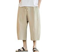 Beokeuioe Men's 3/4 Length Trousers Summer Beach Trousers Harem Trousers Baggy Linen Trousers Oversized Bermuda Shorts Cotton Linen Harem Trousers Japanese Leisure Trousers Short Pump Trousers, beige,