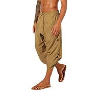 Beokeuioe Men's 34 Linen Trousers Baggy Loose Fit Harem Trousers Lightweight Boho Summer Trousers with Pockets Men's Short Trousers Harem Trousers with Lacing Trousers Viking Pirate Medieval