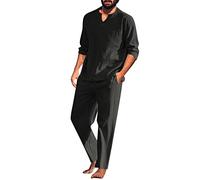 Beokeuioe Men's Cotton Linen Pyjamas Long Sleeve Shirt and Lounge Trousers with V Neck Men's Pyjama Set Two Piece Sleepwear Retro Long Sleeve T-Shirt, B Black, M