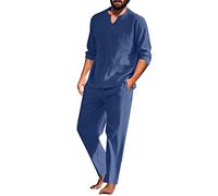 Beokeuioe Men's Cotton Linen Pyjamas, Two-Piece Sleepwear, Long Sleeve Shirt and Lounge Pants with V-Neck, Men's Pyjama Set, Retro Long Sleeve T-Shirt, B Blue, XL