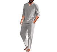 Beokeuioe Men's Cotton Linen Pyjamas, Two-Piece Sleepwear, Long Sleeve Shirt and Lounge Pants with V-Neck, Men's Pyjama Set, Retro Long Sleeve T-Shirt, B Grey, XL