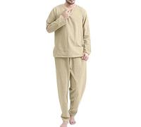 Beokeuioe Men's Cotton Linen Pyjamas, Two-Piece Sleepwear, Long Sleeve Shirt and Lounge Pants with V-Neck, Men's Pyjama Set, Retro Long Sleeve T-Shirt, A Khaki, M