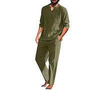 Beokeuioe Men's Cotton Linen Pyjamas, Two-Piece Sleepwear, Long Sleeve Shirt and Lounge Pants with V-Neck, Men's Pyjama Set, Retro Long Sleeve T-Shirt, B AG, XL