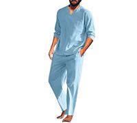 Beokeuioe Men's Cotton Linen Pyjamas, Two-Piece Sleepwear, Long Sleeve Shirt and Lounge Pants with V-Neck, Men's Pyjama Set, Retro Long Sleeve T-Shirt, B Light Blue, S