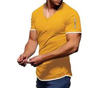 Beokeuioe Men's Hoodie Sweatshirt Short Sleeve Summer T-Shirt V-Neck Slim Fit Cotton Blend Modern Men's T-Shirt V-Neck Long Short Sleeve Top T-Shirt Comfortable Vest, X Yellow, L