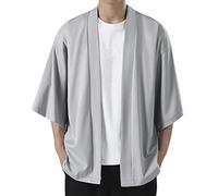 Beokeuioe Men's Japanese Kimono 3/4 Sleeve Plain Lightweight Cardigan Outwear Jacket Loose Japanese Kimono Cardiqan Bathrobe Dressing Gown Robe Yukata Coat, A Grey, L