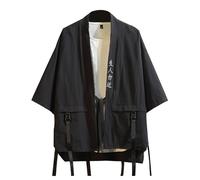 Beokeuioe Men's Japanese Kimono 3/4 Sleeve Plain Lightweight Cardigan Outwear Jacket Loose Yukata Cardigans Robe - Traditional Classic Haori Clothing Bathrobe, A6 black, 4XL