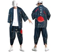 Beokeuioe Men's Kimono Taoist Robe Cardigan Traditional Japanese Kimono Haori Costume Leisure Long Jacket Chinese Style Cape Nightdress Dressing Gown Suit, A3 Navy, XXXL