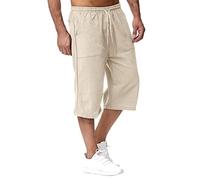 Beokeuioe Men's Lightweight Shorts Linen Trousers Men's 3/4 Bermuda Shorts Men's Linen 3/4 Short Trousers Men's Plus Size Knee-Length Short Trousers Men's Over Knee Length Linen Trousers, A Khaki, L