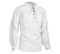 Beokeuioe Men's Pirate Shirt Viking Steampunk Long Sleeve Lace Up Blouse Vintage Retro Renaissance Medieval Gothic Victorian Halloween Costume Men's Linen Shirt, White, XXXL
