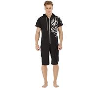 Beokeuioe Men's Short Jumpsuit Onesie Summer Jumpsuit Pyjamas Hoodie Jogging Bottoms Men's T-Shirt Short Trousers One-Piece Hoodie Jogging Suit Pyjamas Sleepwear, B Black, S