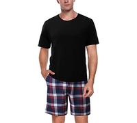Beokeuioe Men's Summer Sleepwear Short Pyjamas Cotton Striped Checked Shorty Men Pyjamas Summer Shorty Sleepwear O-Neck, B Black, L
