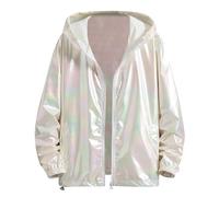 Beokeuioe Metallic Jacket Sweat Jacket with Hood Aviator Jacket Men's Glitter Bomber Jacket Golden Leisure Jacket Shiny Techwear Jacket 70s Disco Clothing Club Stage Carnival Costumes, White, 5XL